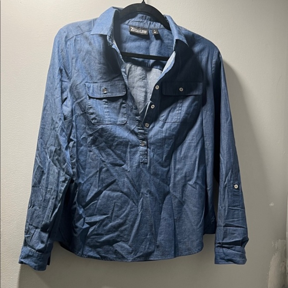 7th Avenue Design Studio Blue Chambray-Style Blouse, 3/4-Sleeve, Size S. C# 1‎ D